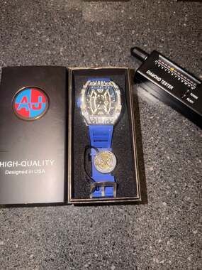 AJ High-Quality Tonneau Style Moissanite Watch with Blue Silicone Strap